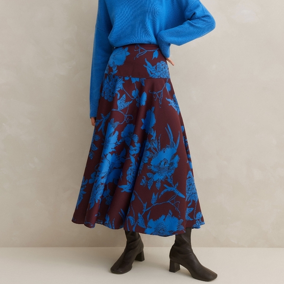 ME+EM Maxi Skirt Deep Cabernet Blue Scribble Floral Print Maxi Skirt Size 6 US - Picture 2 of 14